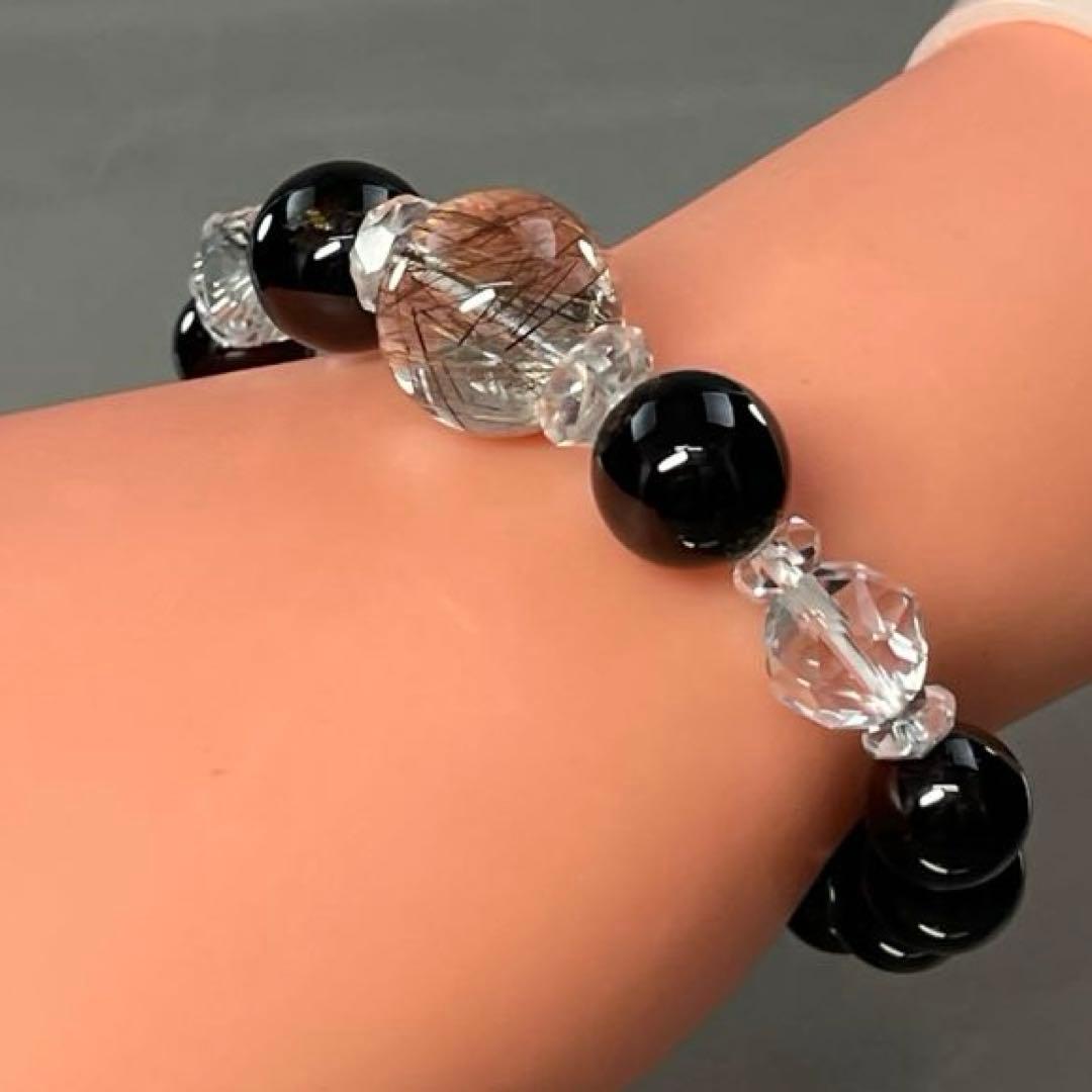 BRY1013⭐️ブラックルチル・ガーネット・水晶ブレスレット⭐️高品質　天然石