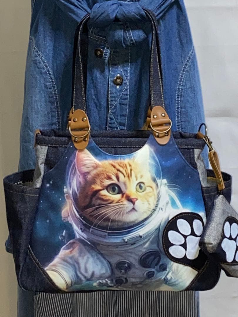☆宇宙飛行士ネコ☆ステンシル☆リュック対応☆4wayあおりバッグ