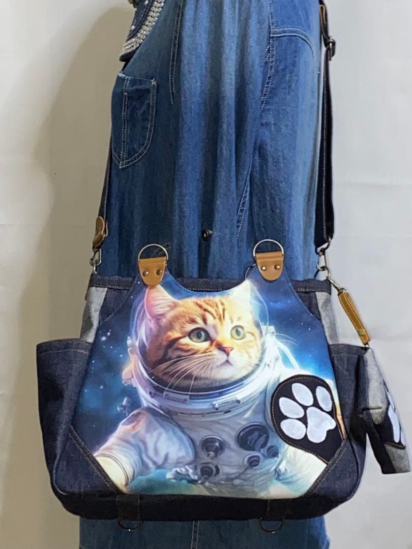 ☆宇宙飛行士ネコ☆ステンシル☆リュック対応☆4wayあおりバッグ