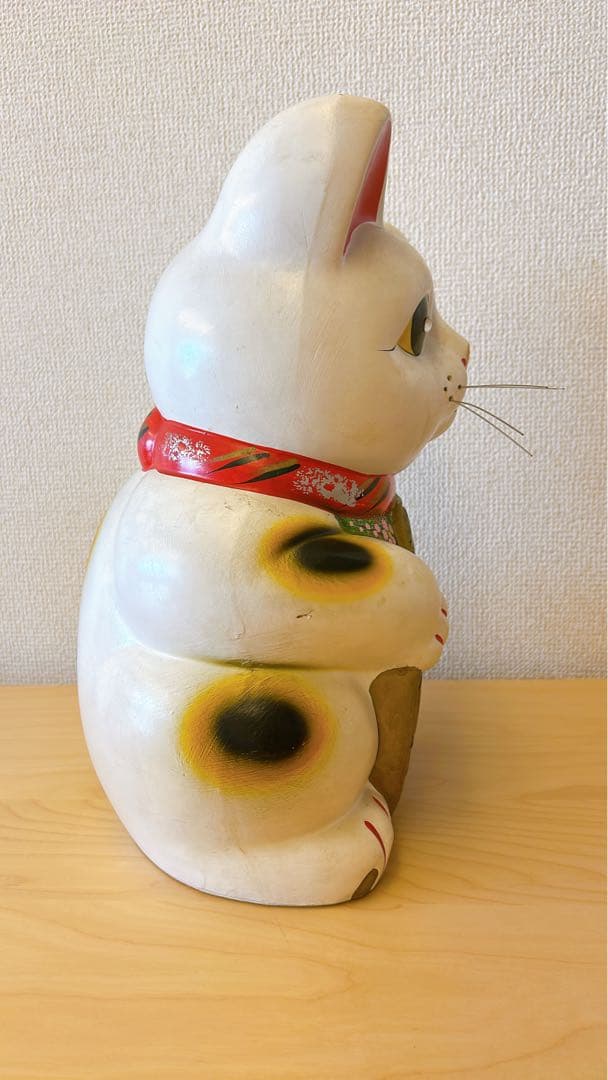 招き猫 左手上げ 三毛猫 貯金箱 約34cm
