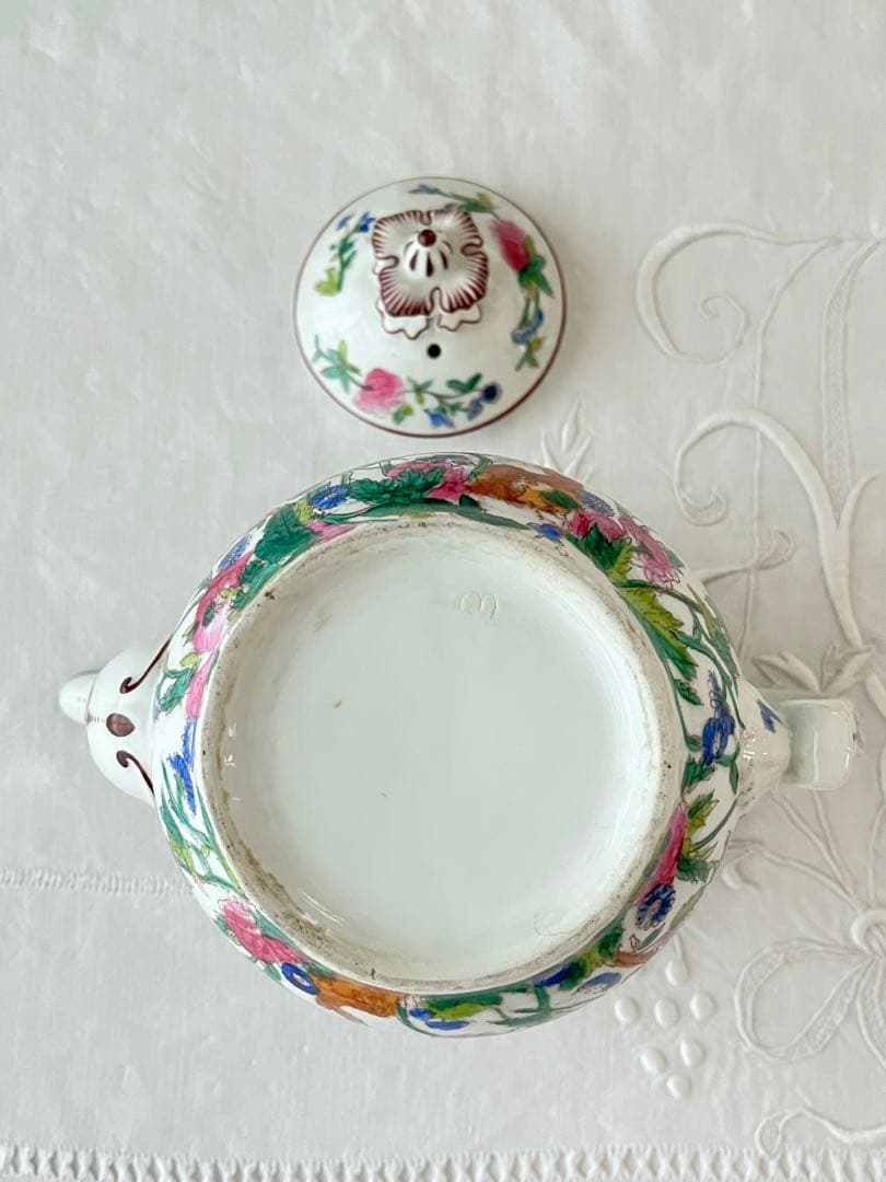 【美品】フランスアンティーク 磁器製 ハンドペイントの花 ポット[3430]