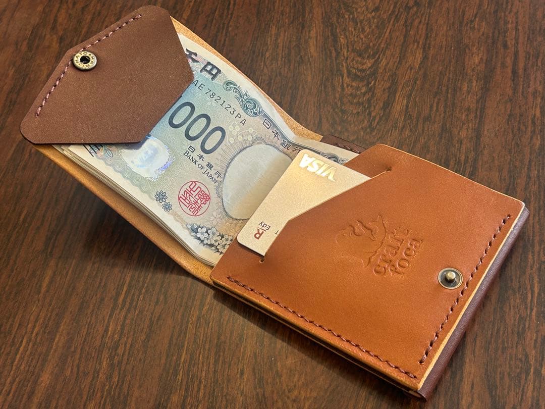 本革 スリム コンパクト 薄型 財布 ハンドメイド レザー 手縫い 二つ折り