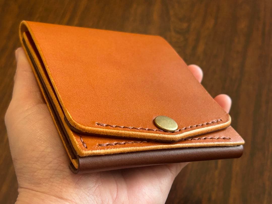 本革 スリム コンパクト 薄型 財布 ハンドメイド レザー 手縫い 二つ折り