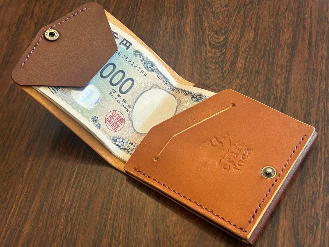 本革 スリム コンパクト 薄型 財布 ハンドメイド レザー 手縫い 二つ折り