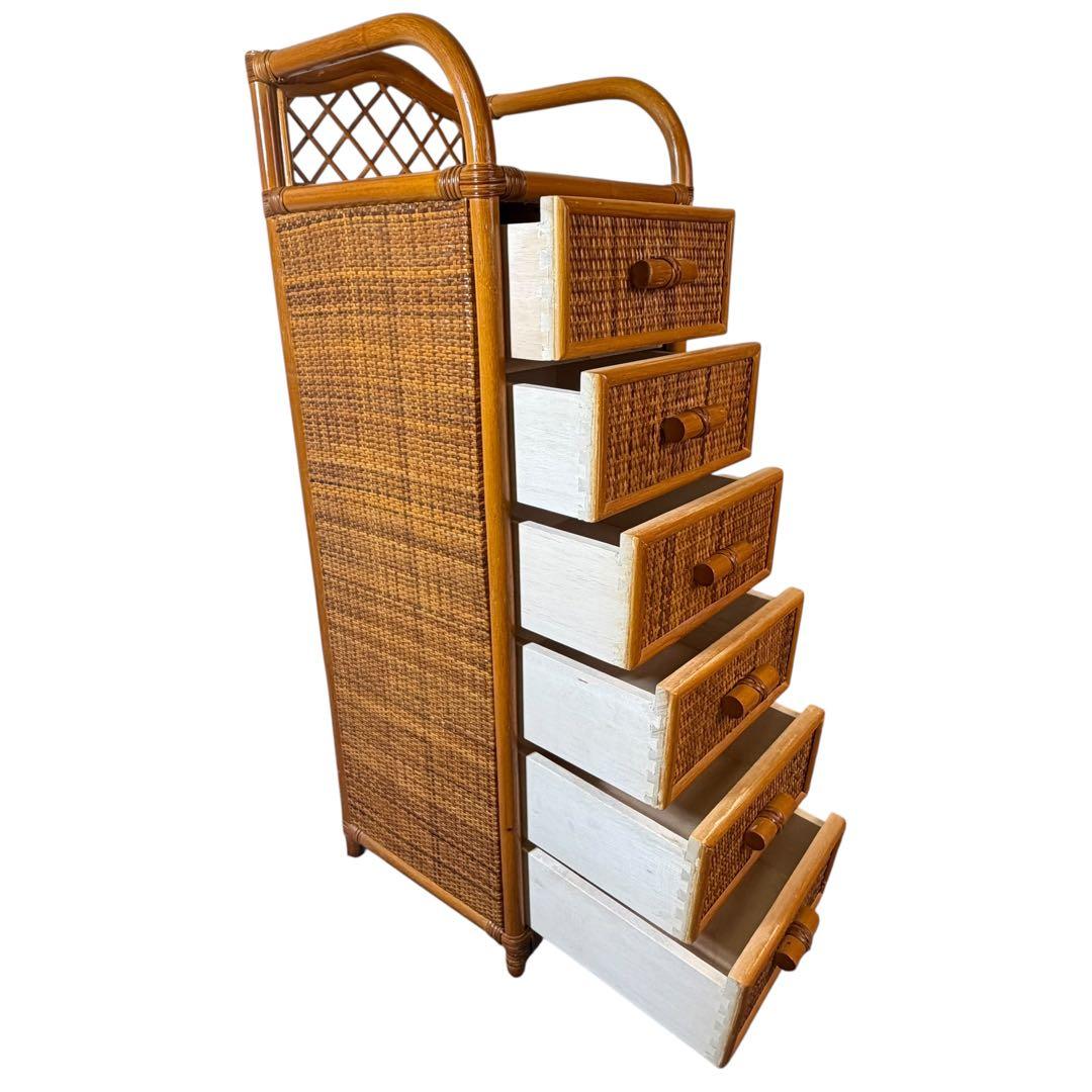 昭和レトロ ラタン 籐 6段チェスト 背が高い 縦長タンス スリム アジアン家具