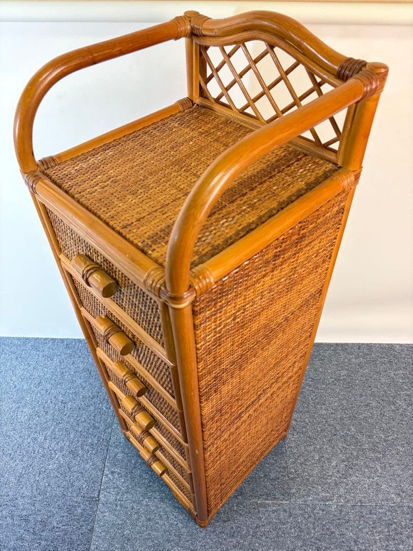 昭和レトロ ラタン 籐 6段チェスト 背が高い 縦長タンス スリム アジアン家具