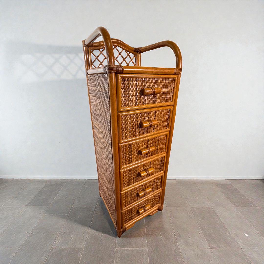 昭和レトロ ラタン 籐 6段チェスト 背が高い 縦長タンス スリム アジアン家具