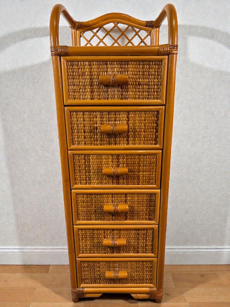 昭和レトロ ラタン 籐 6段チェスト 背が高い 縦長タンス スリム アジアン家具