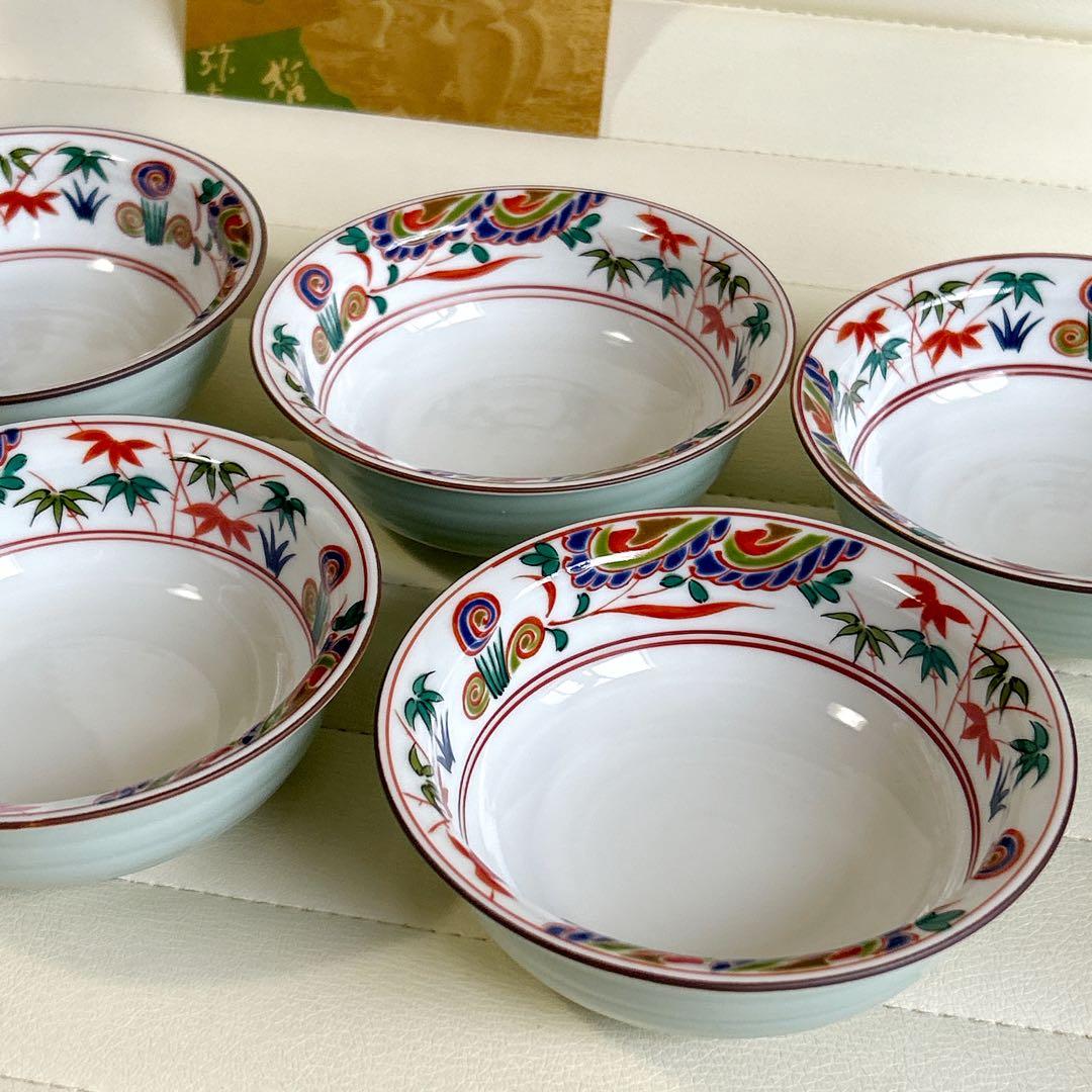 有田焼　彌右衛門窯　赤絵　青磁　小鉢揃　5枚セット　取り皿　古伊万里　色絵　深皿