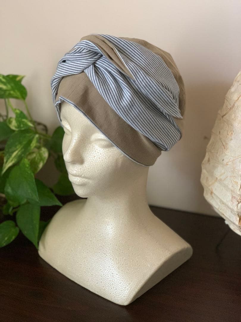 ★ターバン帽子★ヘッドラップ(カーキxストライプ)