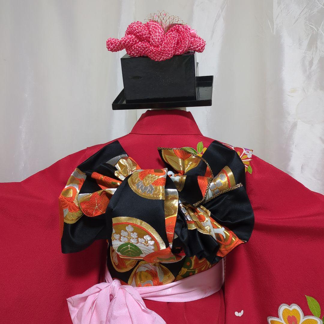 七五三　７歳女の子用 赤色花柄 正絹着物 　簪セット付き