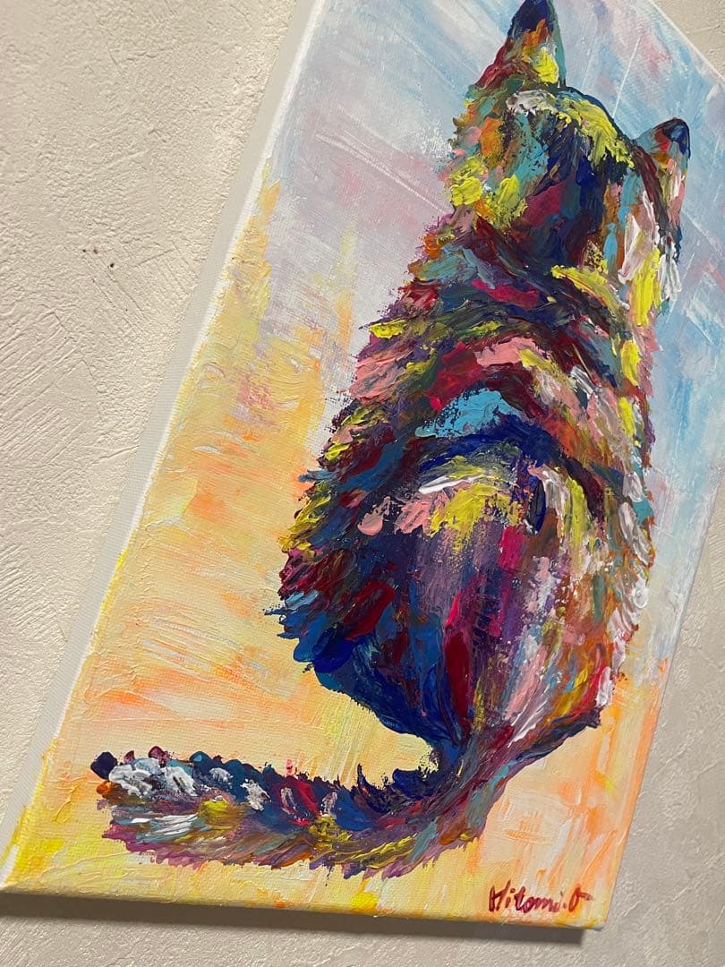 カラフルな猫の絵画　原画　キャンバス　現代アート　猫の絵　動物画　インテリア