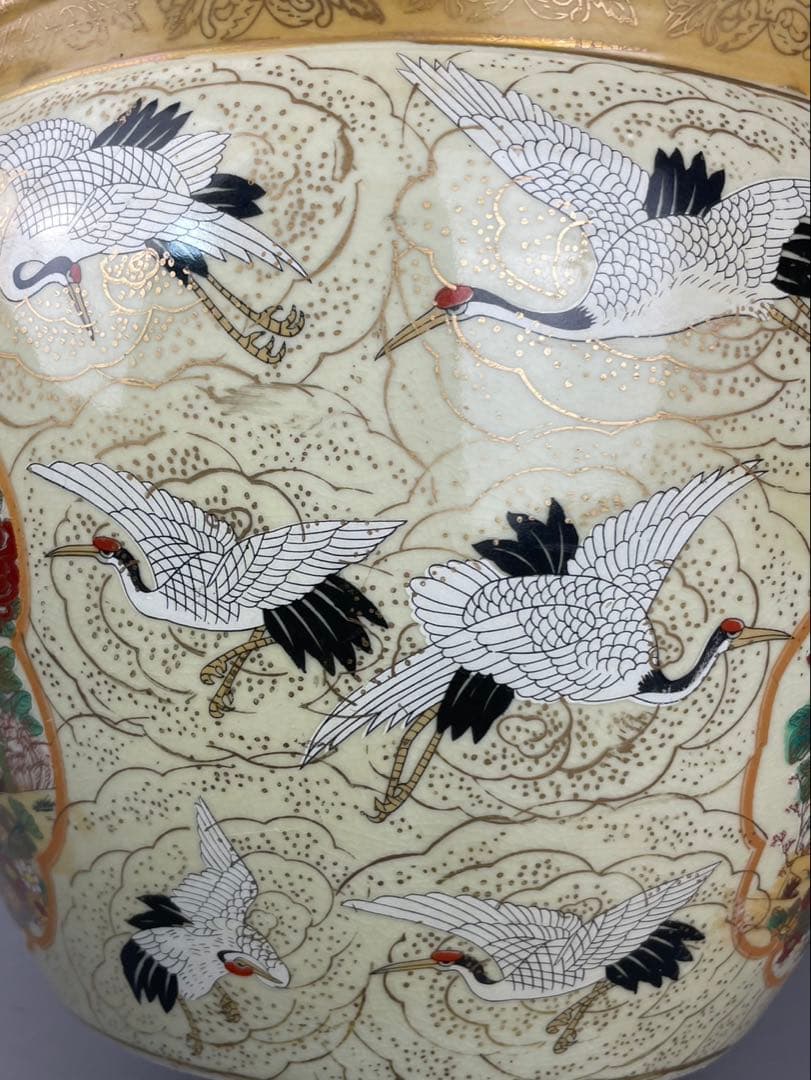 薩摩 手あぶり火鉢 鶴 菊 花鳥図 金魚鉢 メダカ鉢 陶器 壺 置物