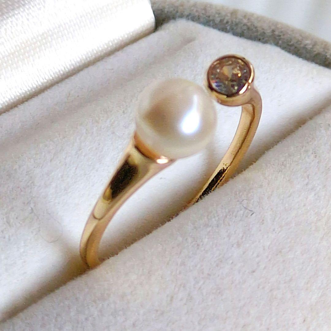 14kgf天然あこや真珠小ぶりで可愛らしいパール＆ビジューフォークリング指輪