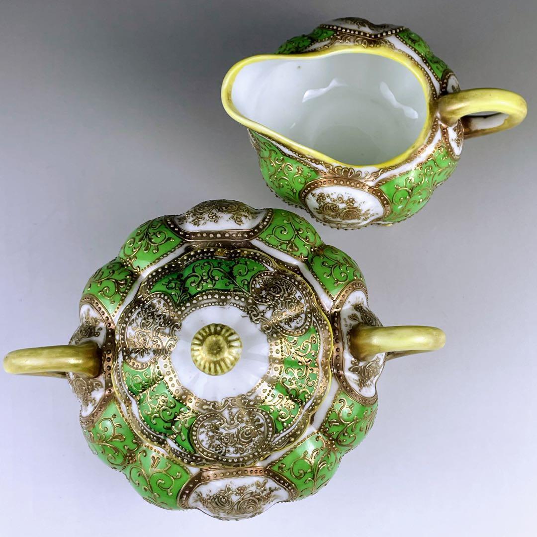 オールドノリタケ 三脚 グリーンエナメル 盛上げ金彩 シュガーボウル クリーマー