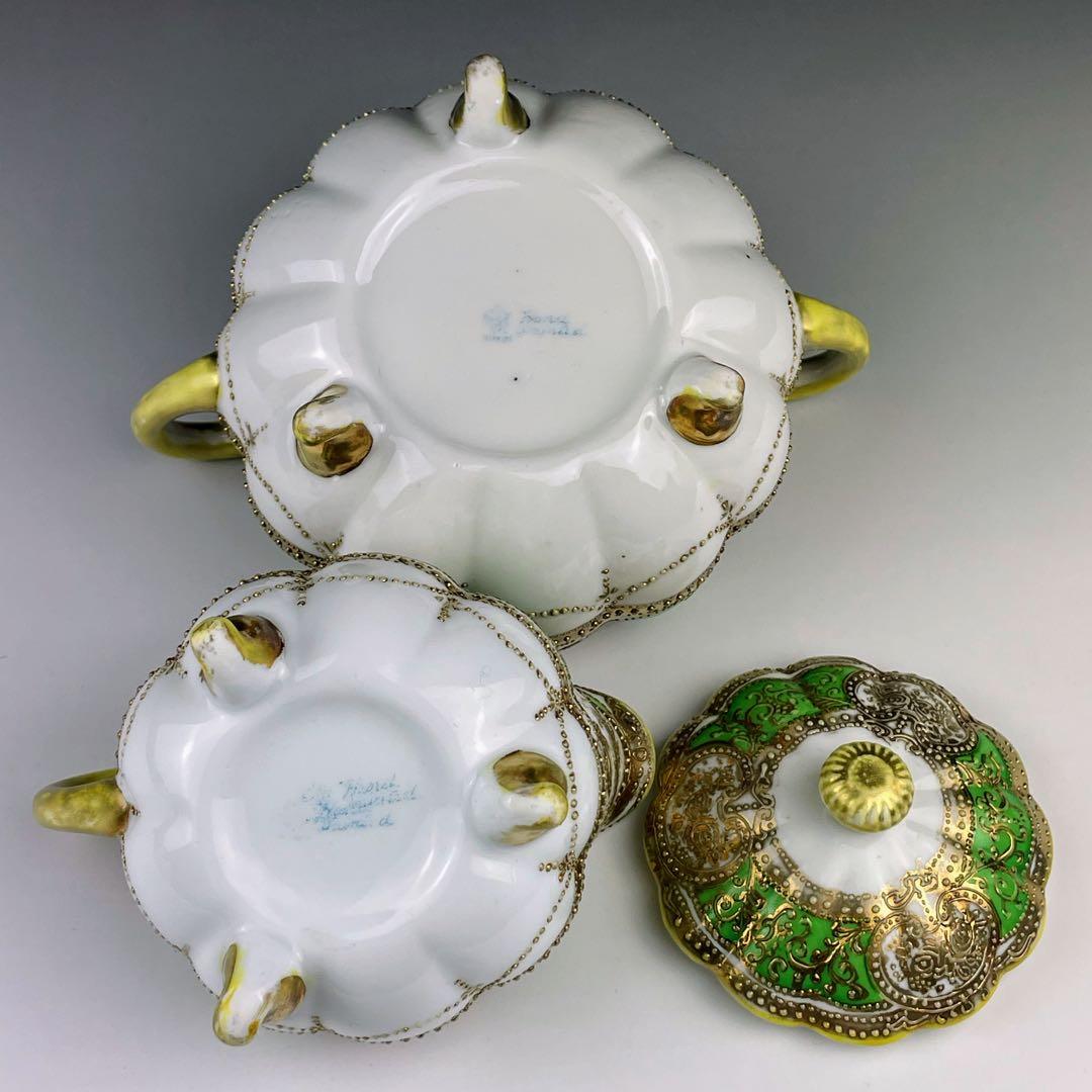 オールドノリタケ 三脚 グリーンエナメル 盛上げ金彩 シュガーボウル クリーマー