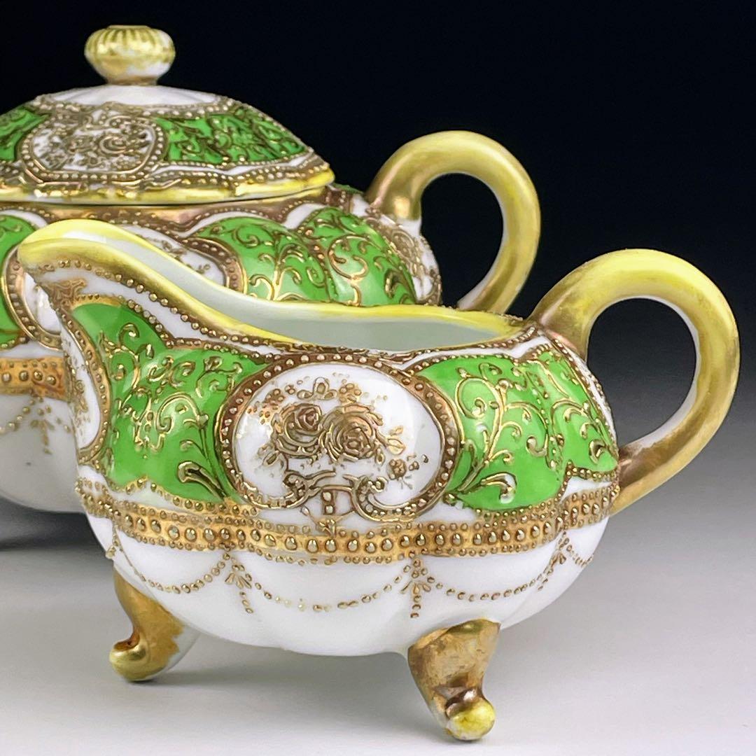 オールドノリタケ 三脚 グリーンエナメル 盛上げ金彩 シュガーボウル クリーマー