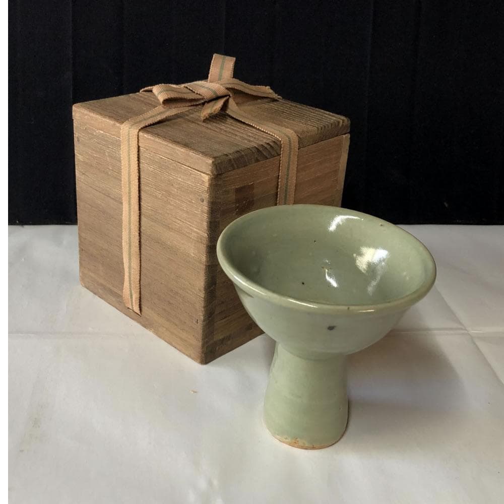e1378 青磁 馬上杯 木箱入り 唐物 七官青磁 酒器 中国古陶磁 中国古玩