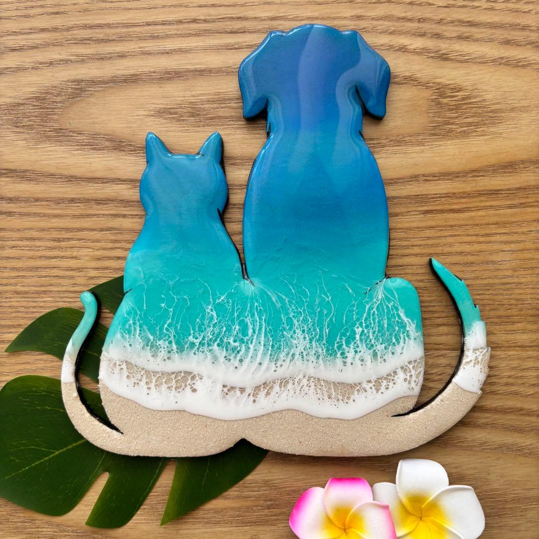 レジン　オーシャンアート　ねこ&いぬパネル　海アート　No.1155