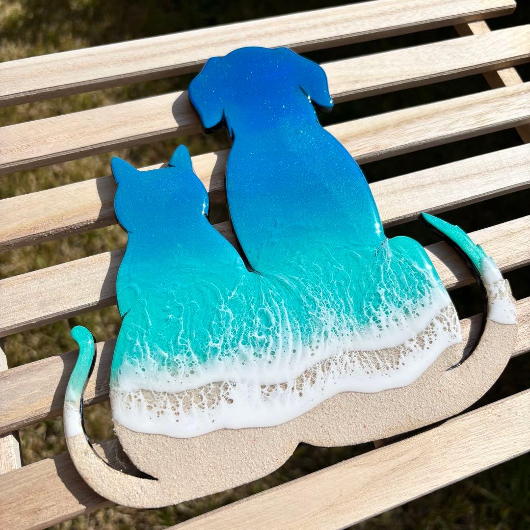 レジン　オーシャンアート　ねこ&いぬパネル　海アート　No.1155