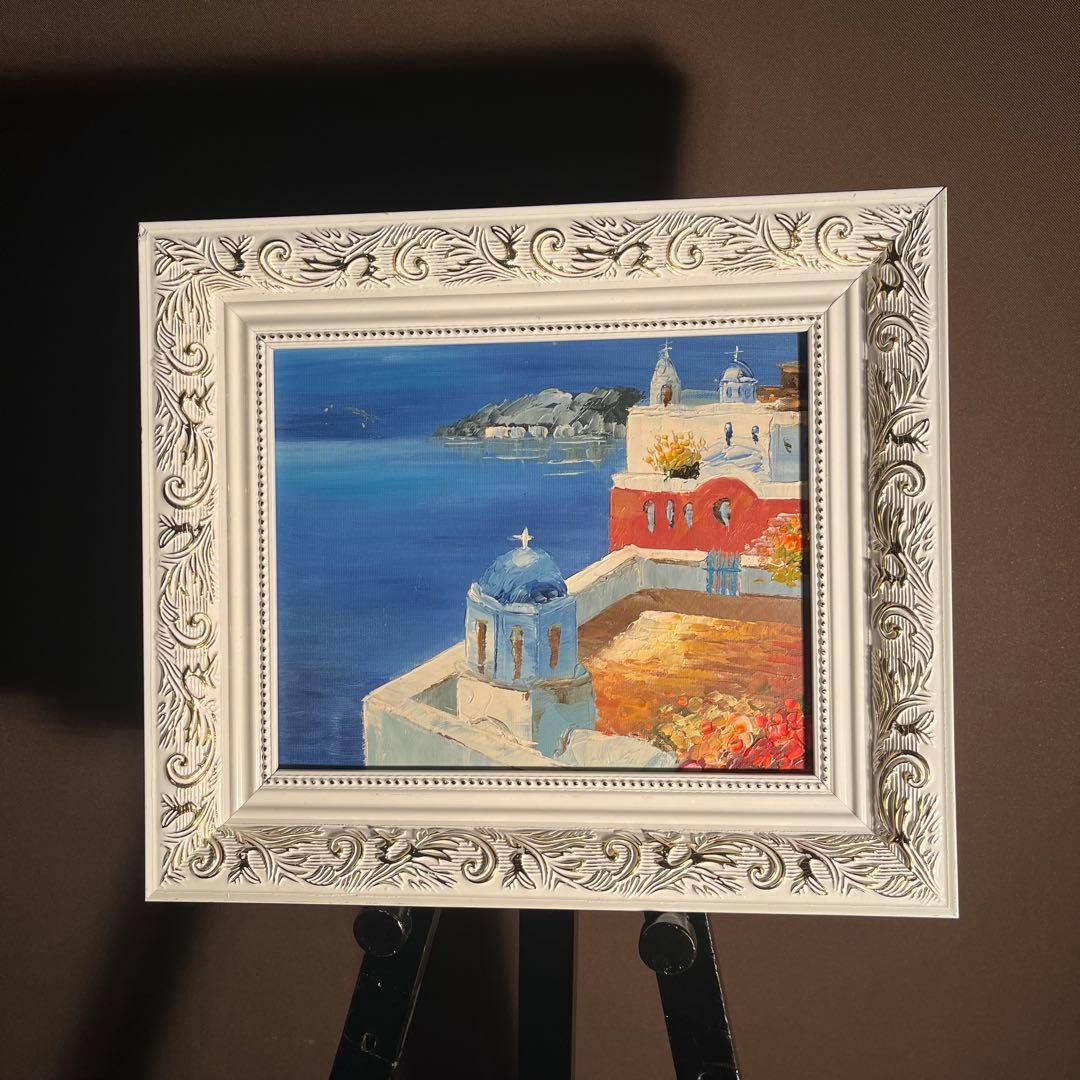 手書き油絵 サントリーニの風景 額付 肉筆絵画 インテリア 油彩画
