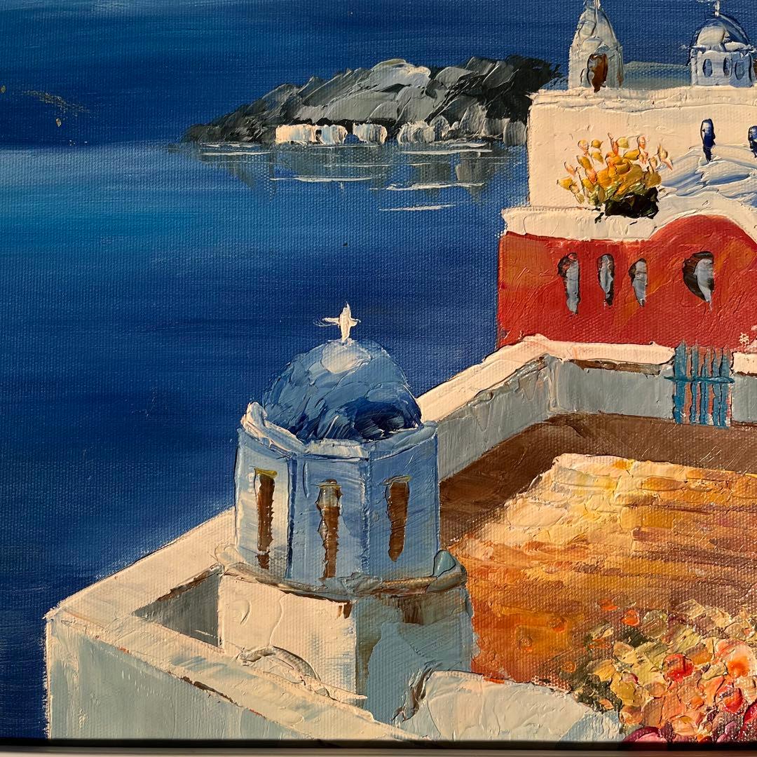 手書き油絵 サントリーニの風景 額付 肉筆絵画 インテリア 油彩画