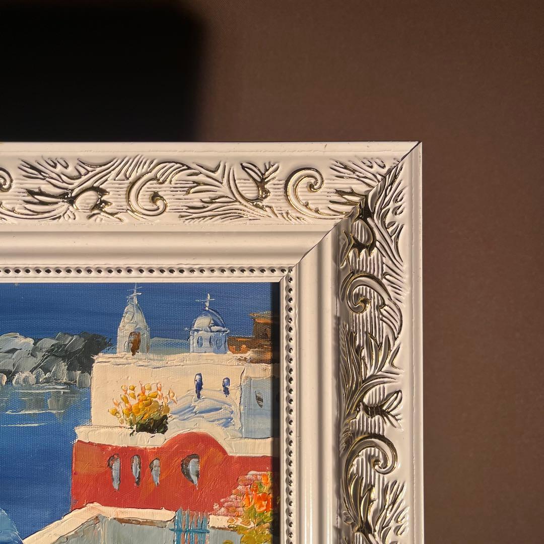 手書き油絵 サントリーニの風景 額付 肉筆絵画 インテリア 油彩画