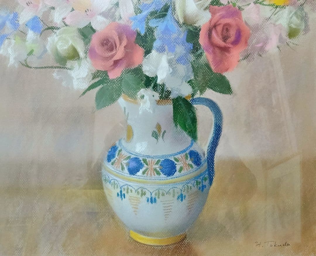 真作 徳田宏行 花々のパステル画