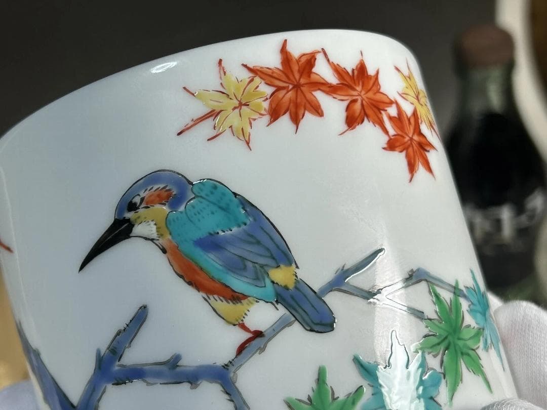 柿右衛門窯絵付師　鷹巣佳之　錦紅葉川蝉文　肥前赤絵窯　白磁七宝彫　香炉　未使用