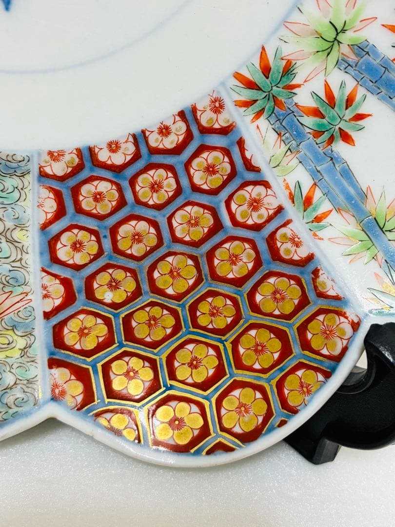 希少 明治 伊万里 有田焼 名工 中島儀兵 白川儀平 染錦金彩吉祥尽くし 輪花皿