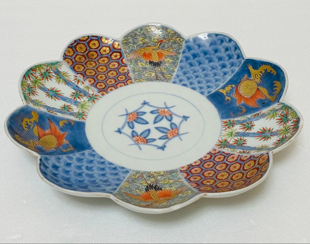 希少 明治 伊万里 有田焼 名工 中島儀兵 白川儀平 染錦金彩吉祥尽くし 輪花皿