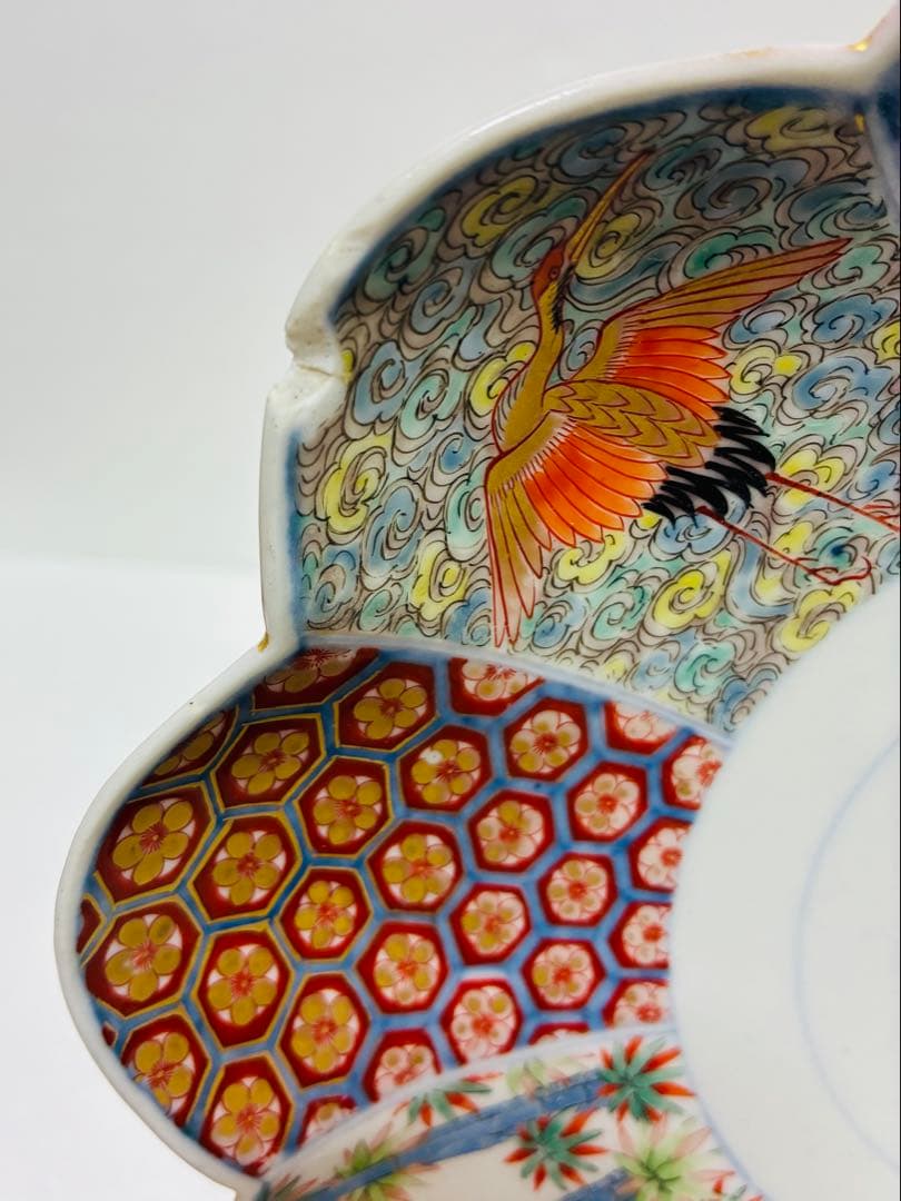 希少 明治 伊万里 有田焼 名工 中島儀兵 白川儀平 染錦金彩吉祥尽くし 輪花皿