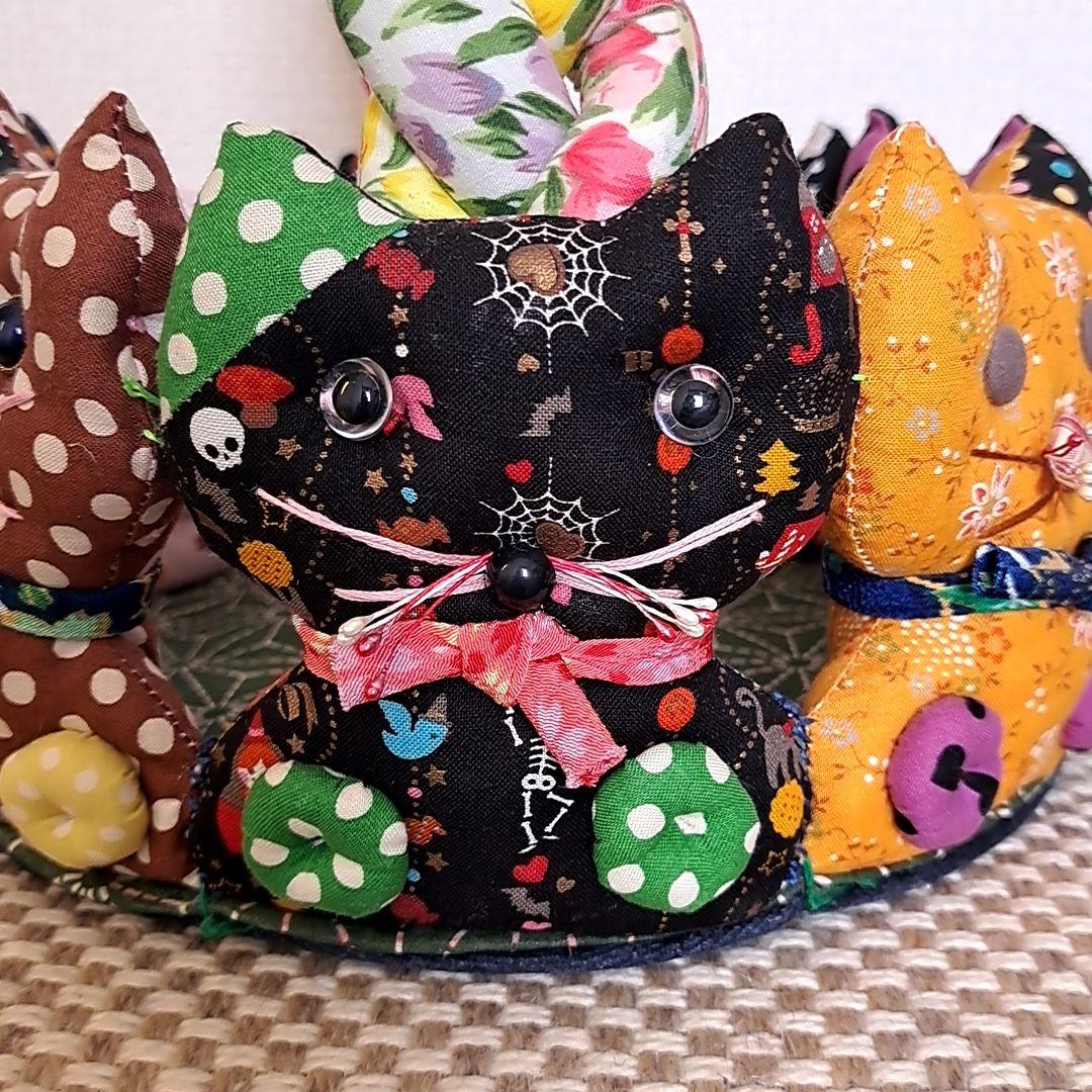 猫型バスケット　パッチワークキルト　猫グッズ　猫雑貨　パッチワーク作品　猫バック