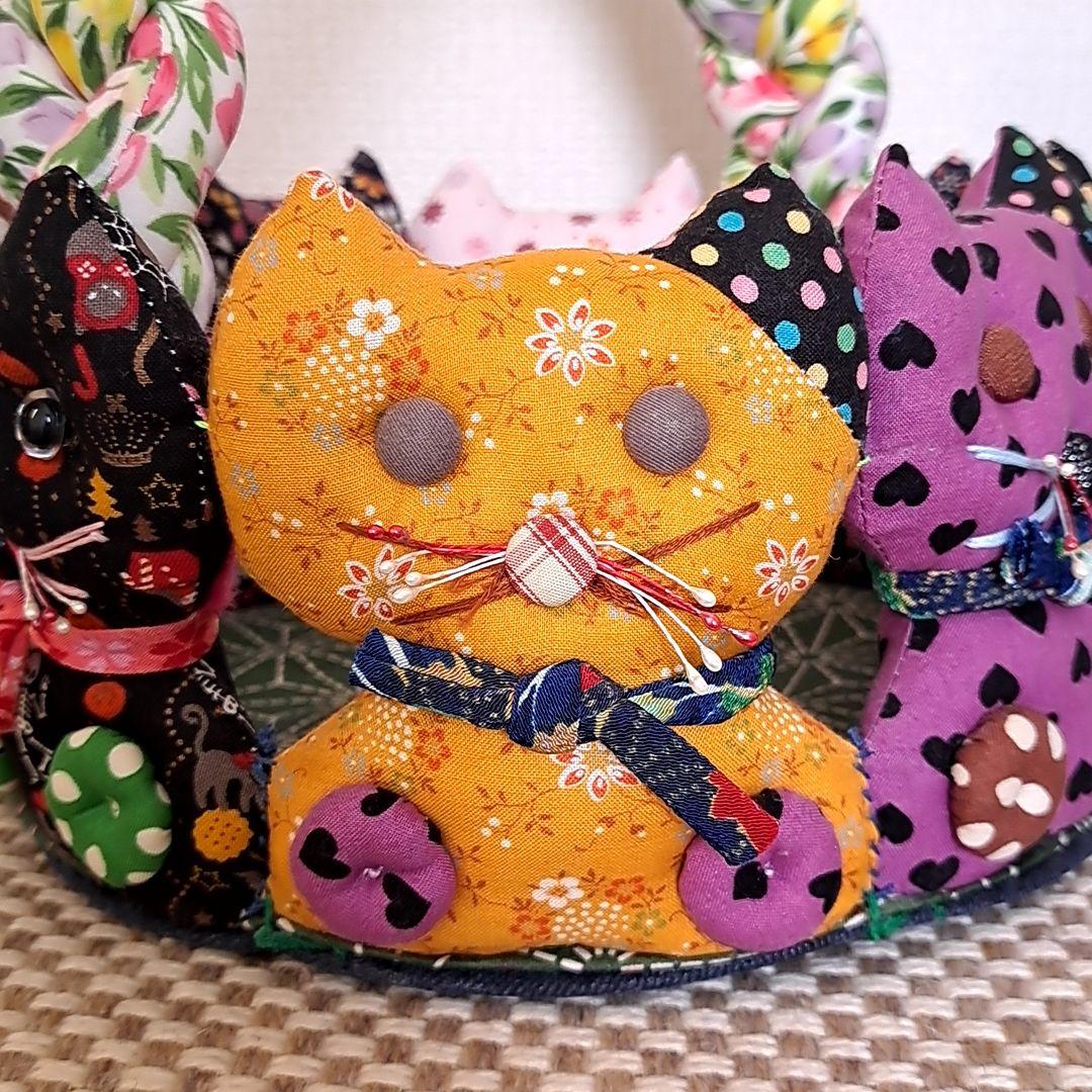 猫型バスケット　パッチワークキルト　猫グッズ　猫雑貨　パッチワーク作品　猫バック