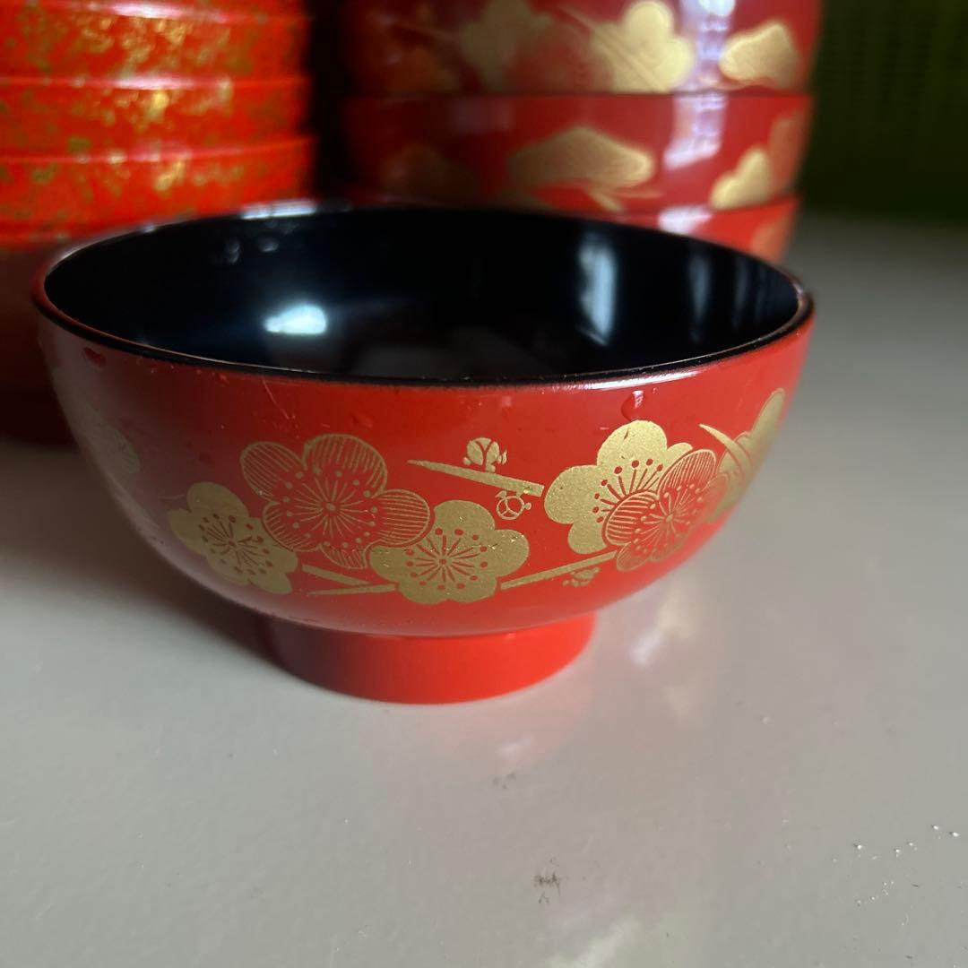 昭和レトロ　お椀　漆器汁椀セット 赤金花柄　2種19個セット