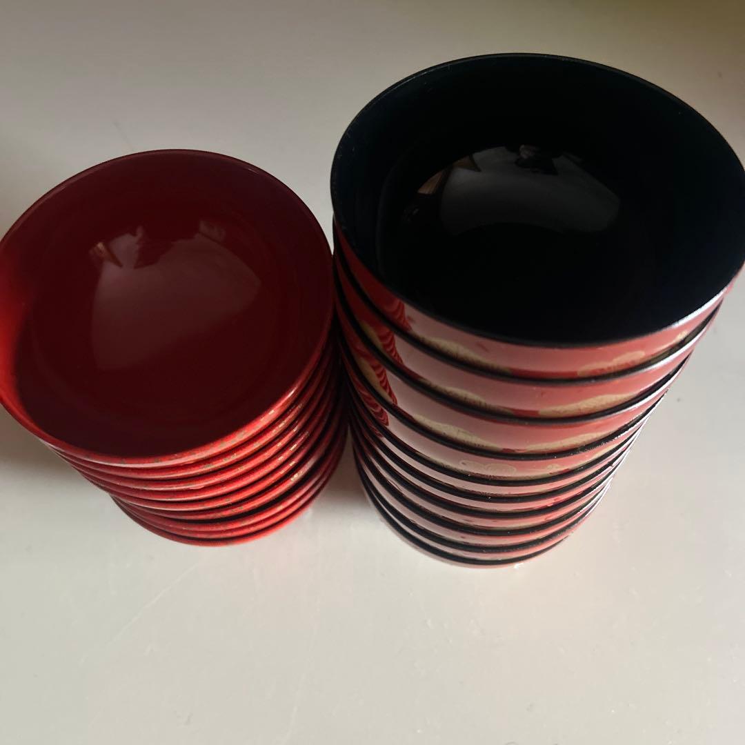 昭和レトロ　お椀　漆器汁椀セット 赤金花柄　2種19個セット