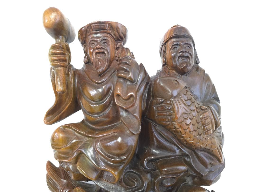 M▽七福神 彫刻 木彫り 一刀彫 緑檀 (38206)