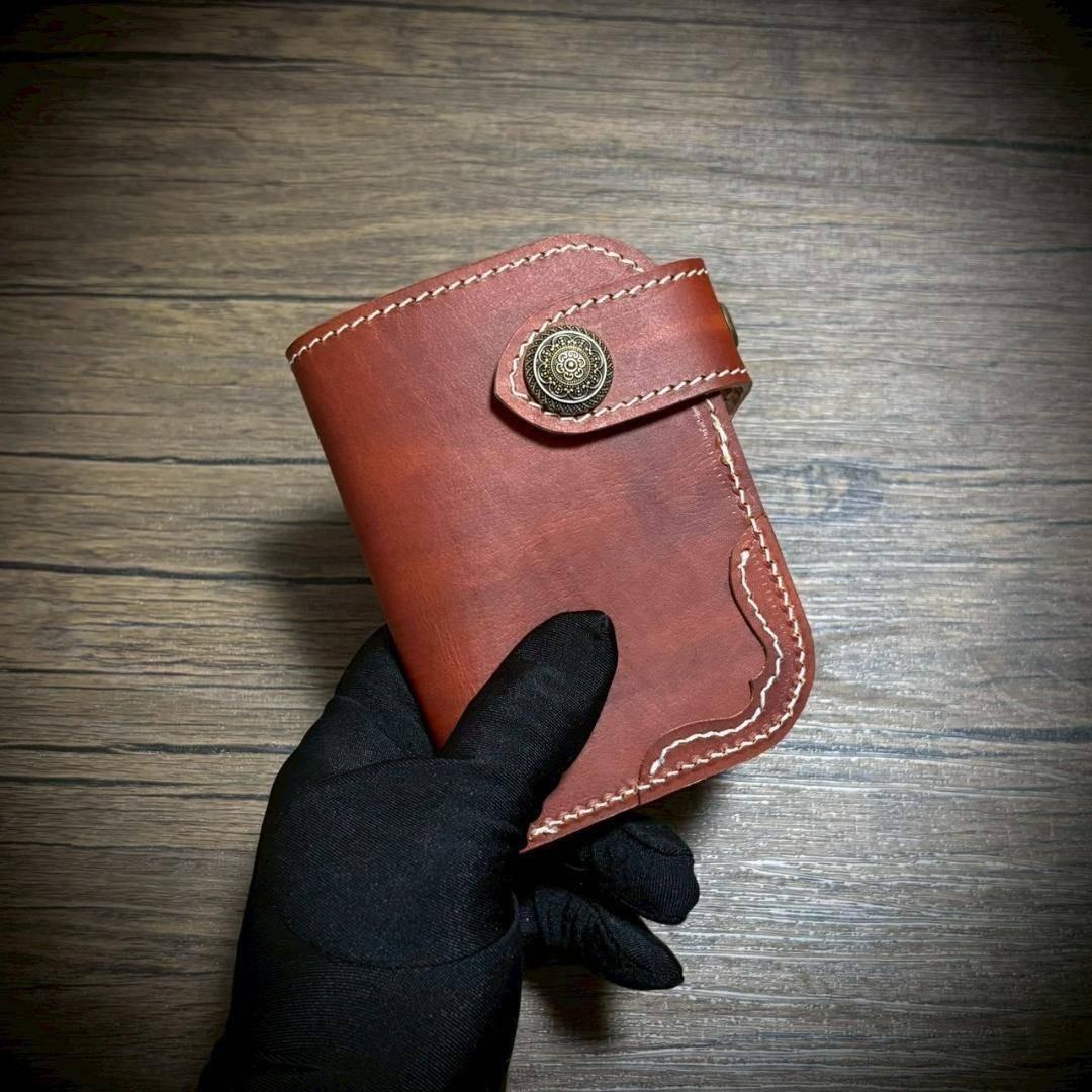 総手縫い ミドルウォレット メンズ財布 ヌメ 本革 ハンドメイド ブラウン 緑