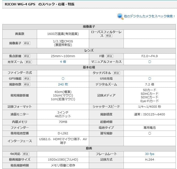 WG-4 GPS 本体+箱+バッテリ２個+SD+ケース・中古・青