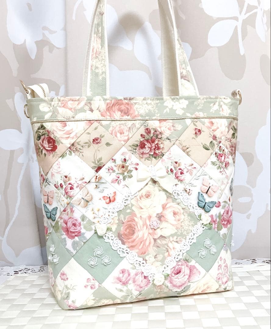 茶*々様 優雅な薔薇 パッチワークトートバッグ ヘキサゴン 手刺繍