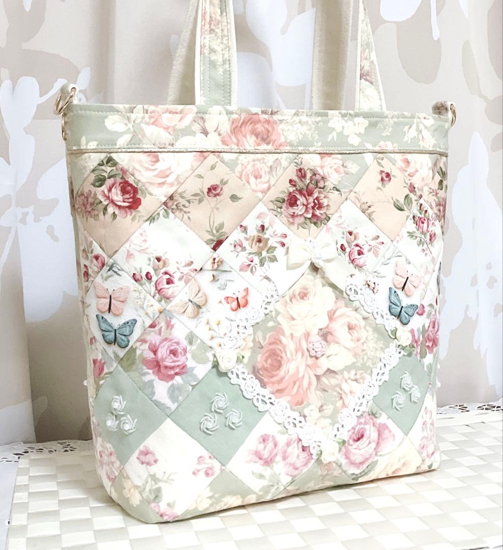茶*々様 優雅な薔薇 パッチワークトートバッグ ヘキサゴン 手刺繍