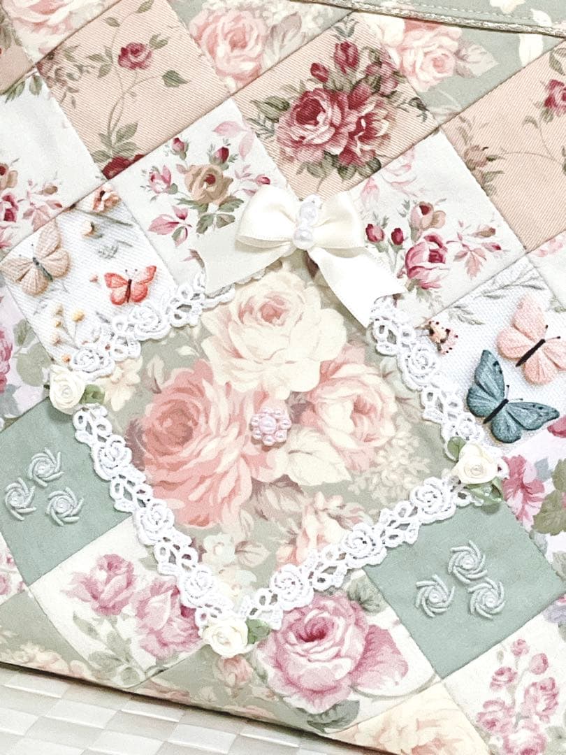 茶*々様 優雅な薔薇 パッチワークトートバッグ ヘキサゴン 手刺繍