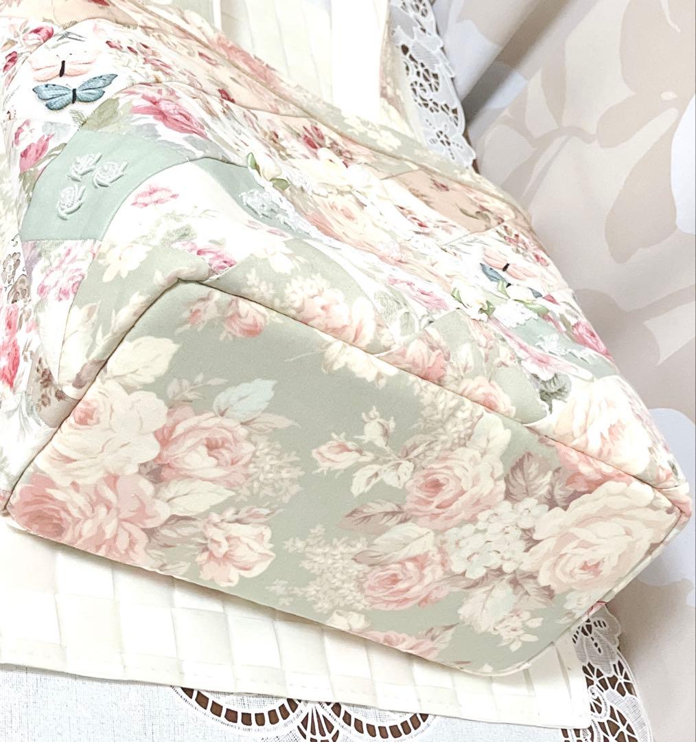 茶*々様 優雅な薔薇 パッチワークトートバッグ ヘキサゴン 手刺繍