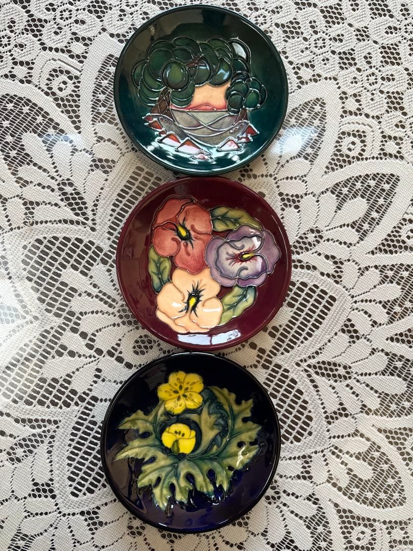 ★MOORCROFT★ ムーアクロフト イギリス手描き花柄小皿3枚 S189