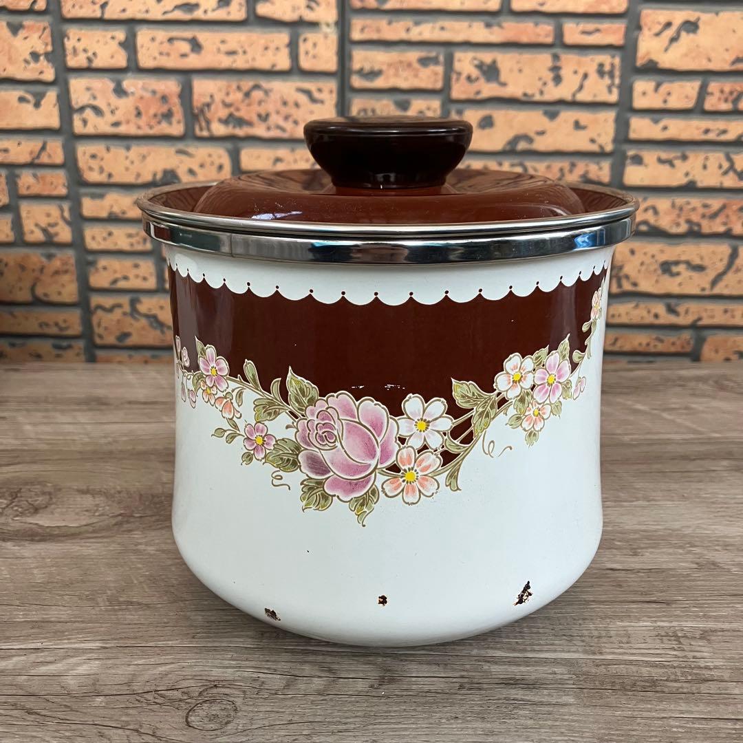 D-4 【昭和レトロ】花柄 ホーロー 蓋付きキャニスター 2個セット