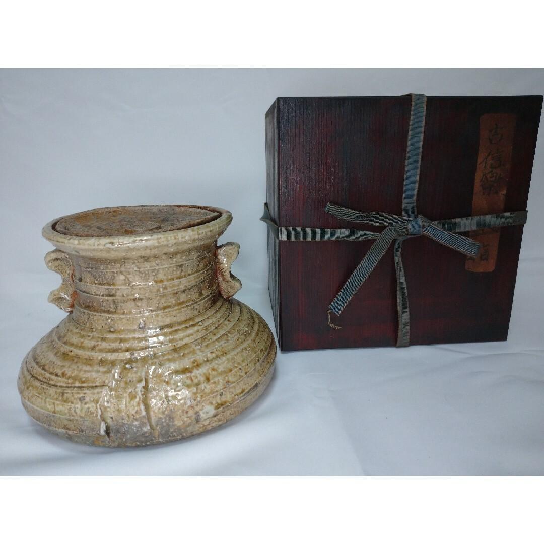 古信楽焼　耳付水指　共箱　在銘無し（時代不明)　木箱付き
