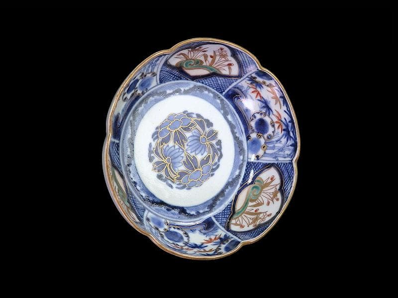 古伊万里　染錦　窓絵　雪輪に笹　花の図　膾皿　江戸期　C744AS-fbtv