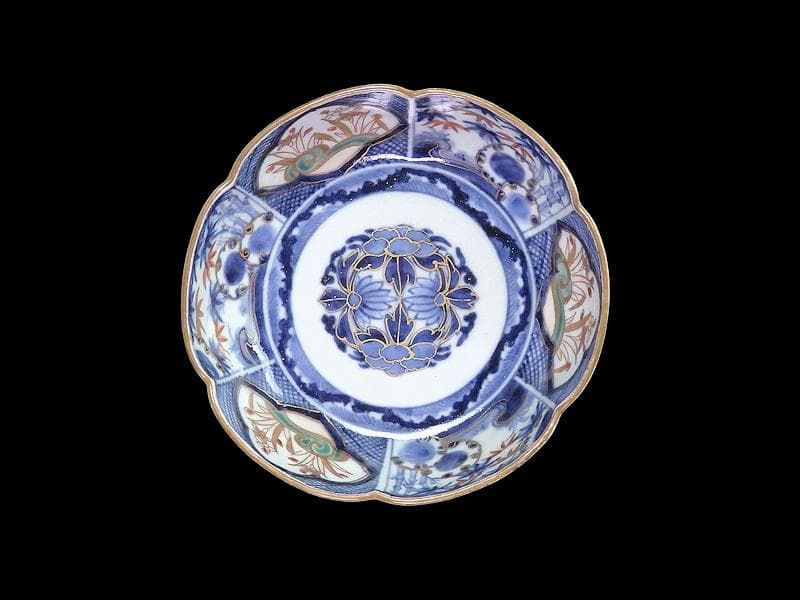 古伊万里　染錦　窓絵　雪輪に笹　花の図　膾皿　江戸期　C744AS-fbtv