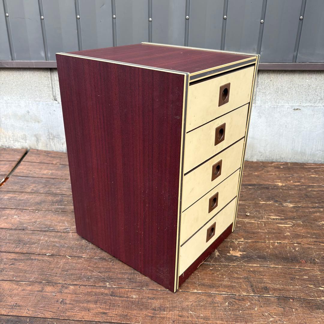 C1 昭和レトロ レトロポップ 木製ミニチェスト 丸型取っ手 5段 古家具古道具