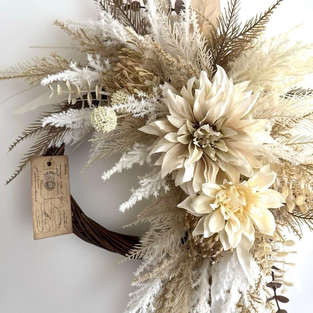 ＊フラワーリース＊　特大　玄関リース　ダリアとパンパスグラスのナチュラルリース